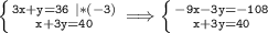 \tt\dispaystyle \left \{ {{3x+y=36\ |*(-3)} \atop {x+3y=40}} \right. \Longrightarrow \left \{ {{-9x-3y=-108} \atop {x+3y=40}} \right.