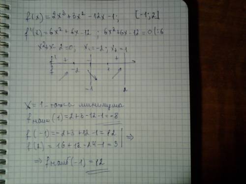 Найдите наибольшее значение и наименьшее значение функции f(x)=2х в кубе + 3х в квадрате - 12х -1 на