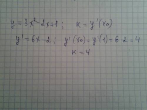 Найдите угловой коэффициент касательной к графику функции y=3x^2-2x+1 в его точке с абсциссой x0=1