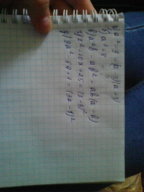 Разложите многочлен на множители) а) a^2-9 б)a^3+8 в)a^2b-ab^2 г)x^2+10x+25 д)9a^2-6a+1