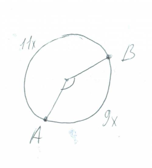 Точки а и в делят окружность на две дуги, длины которых относятся как 9: 11. найти величину централь