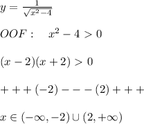 y= \frac{1}{\sqrt{x^2-4}} \\\\OOF:\quad x^2-4\ \textgreater \ 0\\\\(x-2)(x+2)\ \textgreater \ 0\\\\+++(-2)---(2)+++\\\\x\in (-\infty ,-2)\cup (2,+\infty )