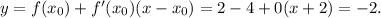 y=f(x_0)+f'(x_0)(x-x_0)=2-4+0(x+2)=-2.