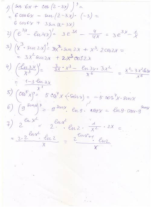 Найти производные sin 6 + cos (2 − 3) e^3x-ln4x x^3sin2x ln3x/x^3 cos^5_x 9^sin x 2^ln x^2