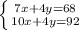 \left \{ {{7x+4y=68} \atop {10x+4y=92}} \right.