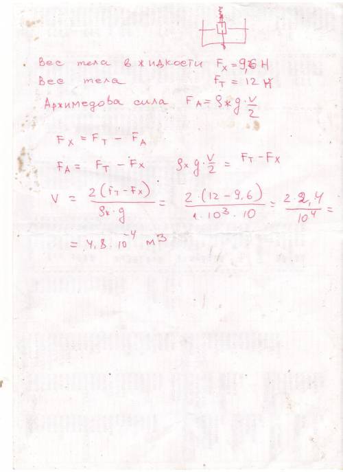 Диаметр с висящим телом в воздухе показывает 12н, а в воде на половину погруженным 9,6н. определите