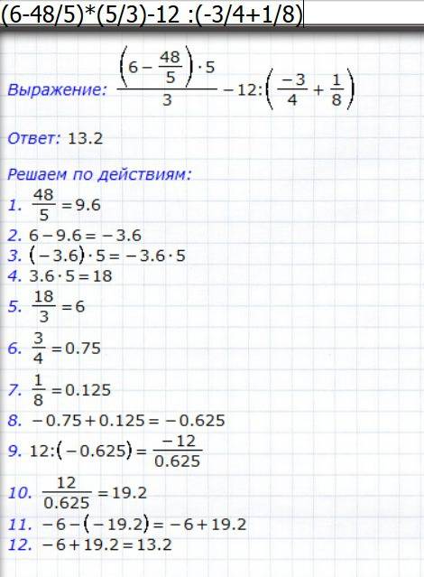 Вычислите значение выражения (6-9 3/5)*(1 2/3)-12 : (-3/4+1/8)=