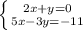 \left \{ {{2x+y=0} \atop {5x-3y=-11}} \right. &#10;