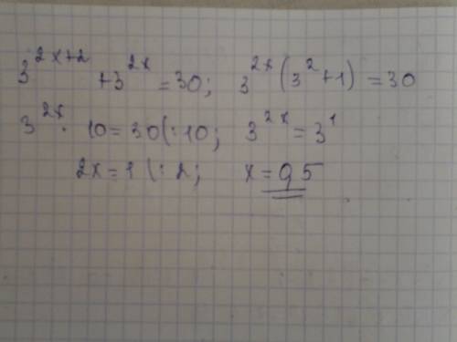 Решите показательное уравнение вынесением множителя за скобку: 3^(2x+2)+3^2x=30