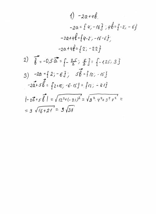 1) найдите координаты вектора -2а+4b, если а(-2; 8) и и(-0,5; -1,5) 2) дан вектор а(2,5; -6). найдит