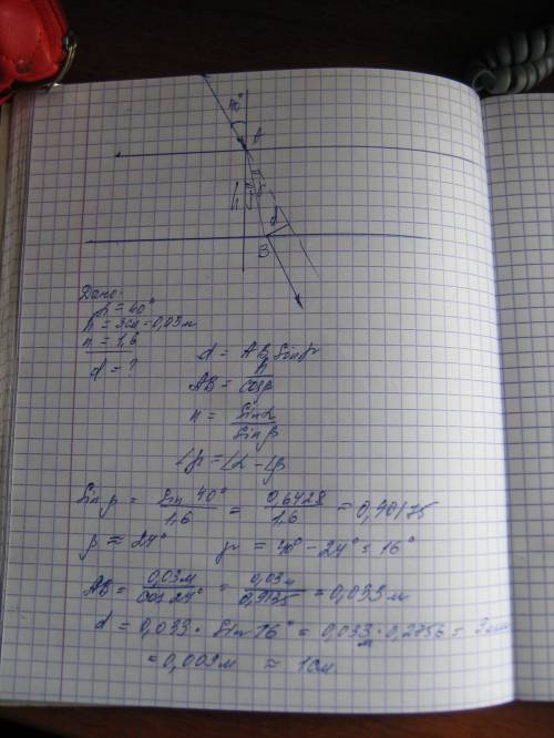 Луч света падает под углом 40 градусов на плоскопараллельную пластину толщиной 3 см и проходит сквоз