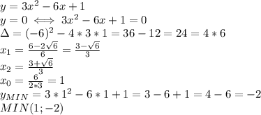 y=3 x^{2} -6x+1\\&#10;y=0\iff 3 x^{2} -6x+1=0\\&#10;\Delta=(-6)^2-4*3*1=36-12=24=4*6\\&#10;x_1= \frac{6-2 \sqrt{6} }{6} = \frac{3- \sqrt{6} }{3} \\&#10;x_2= \frac{3+ \sqrt{6} }{3} \\&#10;x_0= \frac{6}{2*3} =1\\&#10;y_{MIN}=3*1^2-6*1+1=3-6+1=4-6=-2\\&#10;MIN(1;-2)\\&#10;