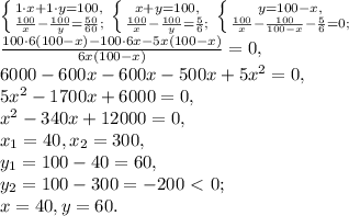 \left \{ {{1\cdot x+1\cdot y=100,} \atop {\frac{100}{x}-\frac{100}{y}=\frac{50}{60};}} \right. \left \{ {{x+y=100,} \atop {\frac{100}{x}-\frac{100}{y}=\frac{5}{6};}} \right. \left \{ {{y=100-x,} \atop {\frac{100}{x}-\frac{100}{100-x}-\frac{5}{6}=0;}} \right. \\ \frac{100\cdot6(100-x)-100\cdot6x-5x(100-x)}{6x(100-x)}=0, \\ 6000-600x-600x-500x+5x^2=0, \\ 5x^2-1700x+6000=0, \\ x^2-340x+12000=0, \\ x_1=40, x_2=300, \\ y_1=100-40=60, \\ y_2=100-300=-200\ \textless \ 0; \\ x=40, y=60.