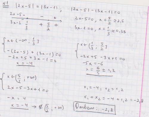 1. i2x-5i=i3x-1i . в ответе запишите сумму корней ,если их несколько. 2,решите уравнение. сos 2x=1/2