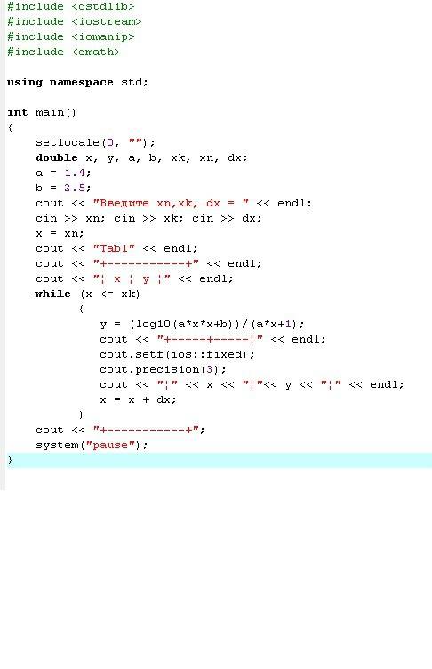 Переделать программу паскаль в си program lab3; var x,y,a,b,xk,xn, dx: real; begin a: =1.4; b: =2.5;