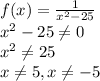 f(x)= \frac{1}{ x^{2} -25} \\ x^{2} -25 \neq 0 \\ x^{2} \neq 25 \\ x \neq 5,x \neq -5