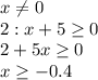 x \neq 0\\&#10;2:x+5 \geq 0\\&#10;2+5x \geq 0\\&#10;x \geq -0.4\\