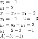 x_2=-1\\y_2=2\\&#10;x_c=x_2-x_1=2\\&#10;x_1=-1-2=-3\\&#10;y_c=y_2-y_1=3\\y_1=2-3=-1\\&#10;A(-3;\ -1)