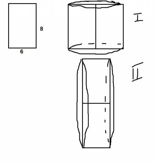 Прямоугольник со сторонами 8см и 6 см вращается вокруг одной стороны, потом другой. объём какого тел