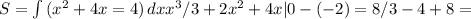 S= \int\limits {(x^2+4x=4)} \, dx x^3/3+2x^2+4x|0-(-2)=8/3-4+8=