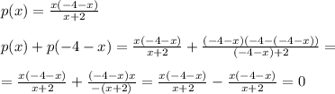 p(x)= \frac{x(-4-x)}{x+2}\\\\p(x)+p(-4-x)= \frac{x(-4-x)}{x+2} + \frac{(-4-x)(-4-(-4-x))}{(-4-x)+2} =\\\\= \frac{x(-4-x)}{x+2} + \frac{(-4-x)x}{-(x+2)} = \frac{x(-4-x)}{x+2} - \frac{x(-4-x)}{x+2} =0