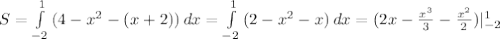 S= \int\limits^1_{-2} {(4-x^2-(x+2))} \, dx = \int\limits^1_{-2} {(2-x^2-x)} \, dx =(2x- \frac{x^3}{3}- \frac{x^2}{2}) |_{-2}^{1}