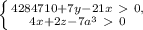 \left\{{{4284710+7y-21x\ \textgreater \ 0,}\atop{4x+2z-7a^3\ \textgreater \ 0}}\right.