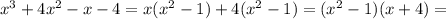 x^{3} +4 x^{2} -x -4 = x( x^{2} -1) +4( x^{2} -1) = ( x^{2} -1)(x+4)=