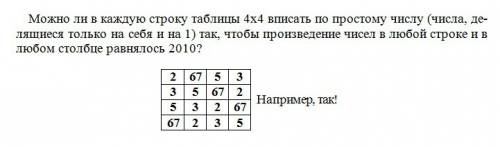 Можно ли в каждую строку таблицы 4х4 вписать по простому числу( числа делящиеся только на себя и на