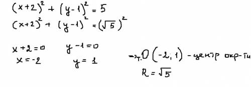 Сдетальным решением : определить координаты центра и радиус окружности: (х+2)^2+(у-1)^2=5 .заранее з