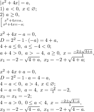 |x^2+4x|=a, \\ 1) \ a\ \textless \ 0, \ x\in\varnothing; \\ 2) \ a\geq0,\\ \left [ {{x^2+4x=a,} \atop {x^2+4x=-a;}} \right. \\ \\ x^2+4x-a=0, \\ D=2^2-1\cdot(-a)=4+a, \\ 4+a\leq0, \ a\leq-4\ \textless \ 0; \\ a+4\ \textgreater \ 0, \ a\ \textgreater \ -4, \ a\geq0, \ x=\frac{-2\pm\sqrt{4+a}}{1}, \\ x_1=-2-\sqrt{4+a}, \ x_2=-2+\sqrt{4+a}; \\ \\ x^2+4x+a=0, \\ D=2^2-1\cdot a=4-a, \\ 4-a\ \textless \ 0, \ a\ \textgreater \ 4, \ x\in\varnothing; \\ 4-a=0, \ a=4, \ x=\frac{-2}{1}=-2, \\ x_3=x_4=-2; \\ 4-a\ \textgreater \ 0, \ 0\leq a\ \textless \ 4, \ x=\frac{-2\pm\sqrt{4-a}}{1}, \\ x_3=-2-\sqrt{4-a}, \ x_4=-2+\sqrt{4-a}.