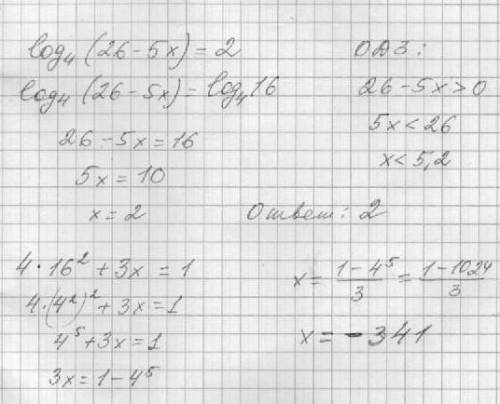 1.вычислите: 9^1/log3 6 2.решите уравнение: log4(26-5x)=2 3.решите уравнение: 4•16^2+3х=1 , : с нужн