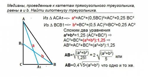 Медианы, проведенные к катетам прямоугольного треугольника, равны a и b. найти гипотенузу треугольни