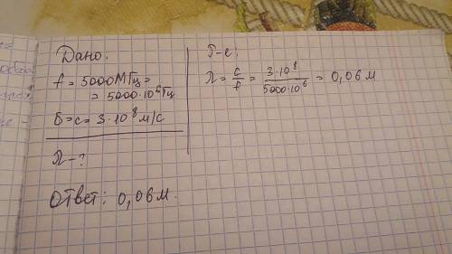 Рассчитайте длину волны λ если частота колебания f = 5000мгц, скорость распространения υ=с= 3▪108 м/