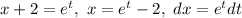 x+2=e^t,\ x=e^t-2,\ dx=e^tdt