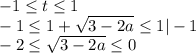 -1 \leq t \leq 1\\ -1 \leq 1+ \sqrt{3-2a} \leq 1|-1\\ -2 \leq \sqrt{3-2a} \leq 0