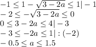 -1 \leq 1- \sqrt{3-2a} \leq 1|-1\\-2 \leq - \sqrt{3-2a} \leq 0\\ 0 \leq 3-2a \leq 4 |-3\\ -3 \leq -2a \leq 1|:(-2)\\ -0.5 \leq a \leq 1.5