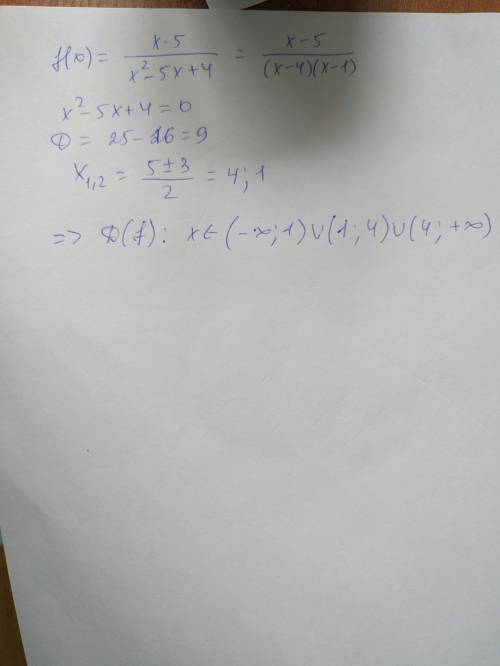 Найдите область определения функции f(x)=x-5/x^2(степень кончается) -5x+4 желательно с объяснением ч