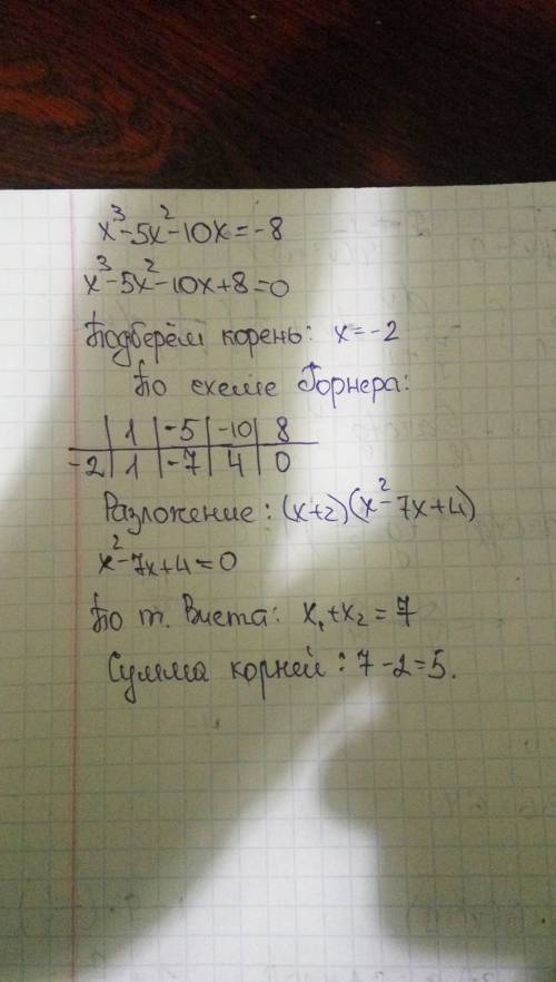 Найдите сумму корней уравнений x^3-5x^2-10=-8