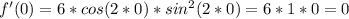 f'(0) = 6*cos(2*0)*sin^2(2*0) = 6*1*0=0