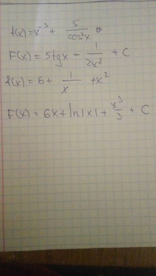 ﻿решить две первообразные f(x)= x^{-3} + \frac{5}{cos^{2}x} f(x)=6+ \frac{1}{x} + x^{2}