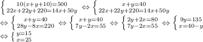 \left \{ {10(x+y+10)=500 \atop 22x+22y+220=14x+50y} \right. \Leftrightarrow \left \{ {x+y=40 \atop 22x+22y+220=14x+50y} \right. \\ \Leftrightarrow \left \{ {x+y=40 \atop 28y-8x=220} \right. \Leftrightarrow \left \{ {x+y=40 \atop 7y-2x=55} \right. \Leftrightarrow \left \{ {2y+2x=80 \atop 7y-2x=55} \right. \Leftrightarrow \left \{ {9y=135 \atop x=40-y} \right. \\ \Leftrightarrow \left \{ {y=15 \atop x=25} \right.