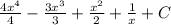 \frac{4 x^{4} }{4}- \frac{3 x^{3} }{3} + \frac{ x^{2} }{2} + \frac{1}{x} +C