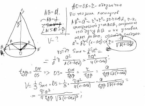 Найти объём конуса, если в его основании хорда а стягивает дугу альфа, а угол между образующей и выс
