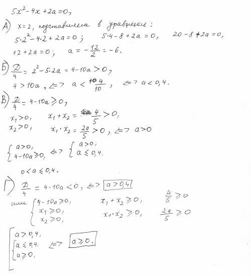 При каких значениях a уравнение 5x^2-4x+2a=0 а) имеет корень, равный 2 б) имеет два различных коре