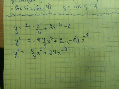 Найдите производную второго порядка y=7x-x^4/9+2x^-6-8