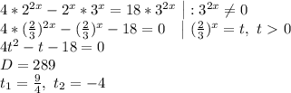 4*2^{2 x} - 2^x*3^{x} = 18*3^{2x}\ \big| : 3^{2x} \neq 0\\ &#10;4*( \frac{2}{3} )^{2x}-( \frac{2}{3} )^{x}-18=0\ \ \ \big| \ ( \frac{2}{3} )^{x}=t,\ t\ \textgreater \ 0\\&#10;4t^2-t-18=0\\ D=289\\ t_1= \frac{9}{4} ,\ t_2=-4