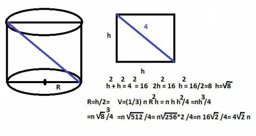 Осевое сечение цилиндра квадрат,длина диагонали 4дм,найти объём.