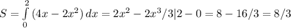 S= \int\limits^2_0 {(4x-2x^2)} \, dx =2x^2-2x^3/3|2-0=8-16/3=8/3