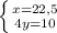 \left \{ {x = 22,5} \atop {4y = 10}} \right.